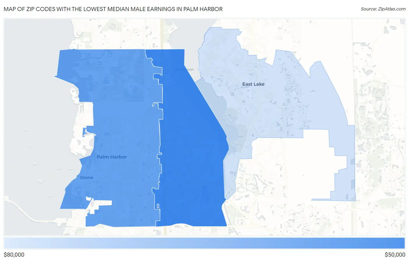 Zip Codes with the Lowest Median Male Earnings in Palm Harbor Map