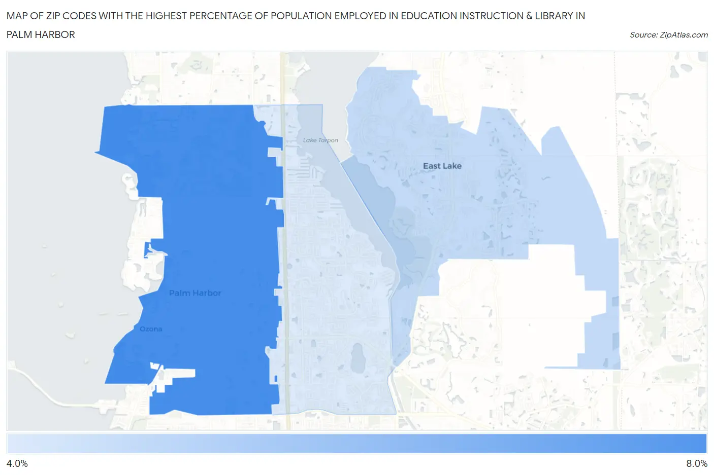 Zip Codes with the Highest Percentage of Population Employed in Education Instruction & Library in Palm Harbor Map