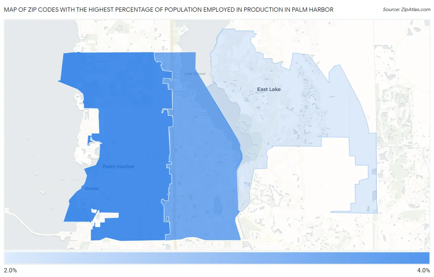 Zip Codes with the Highest Percentage of Population Employed in Production in Palm Harbor Map
