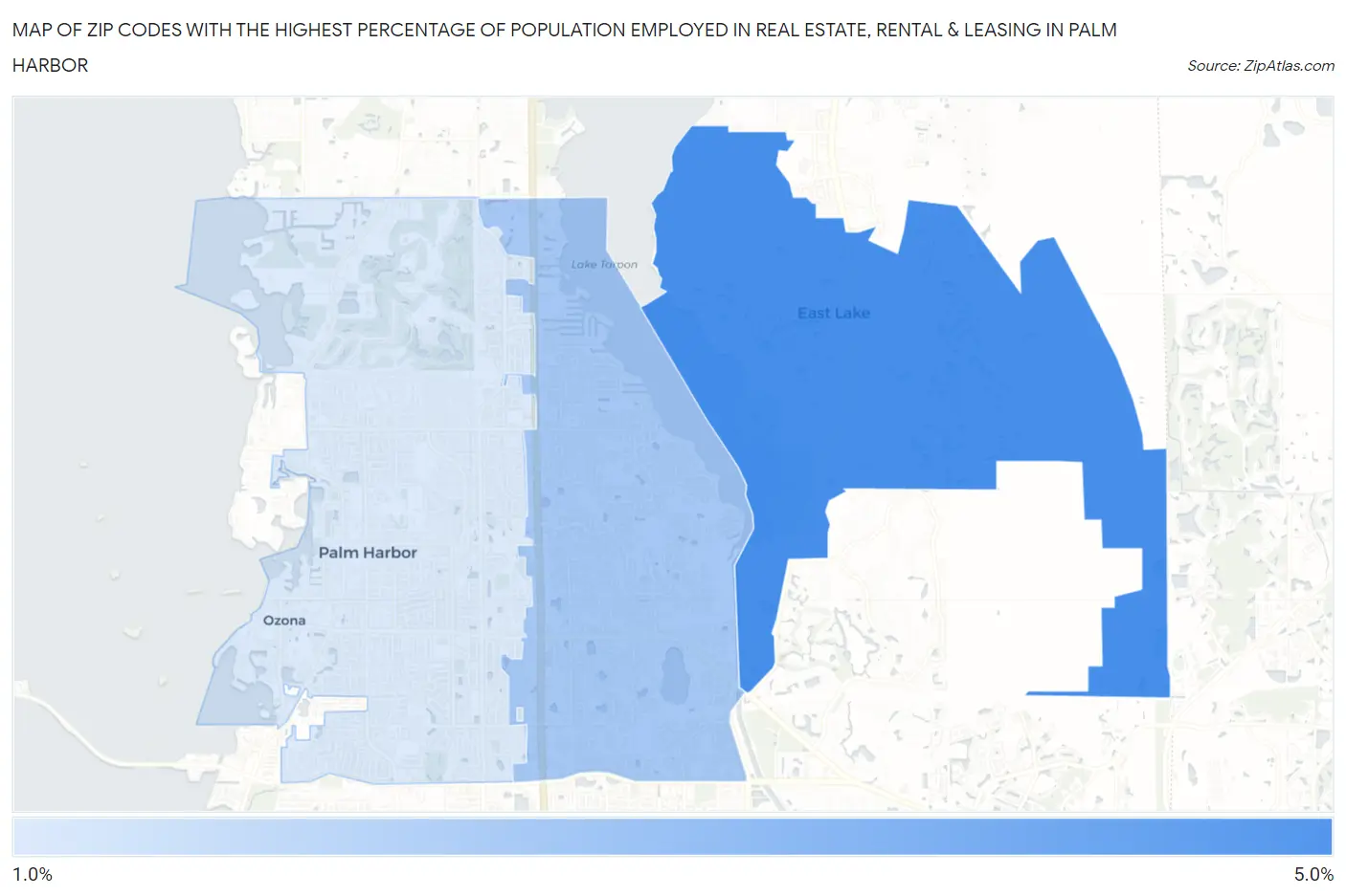 Zip Codes with the Highest Percentage of Population Employed in Real Estate, Rental & Leasing in Palm Harbor Map