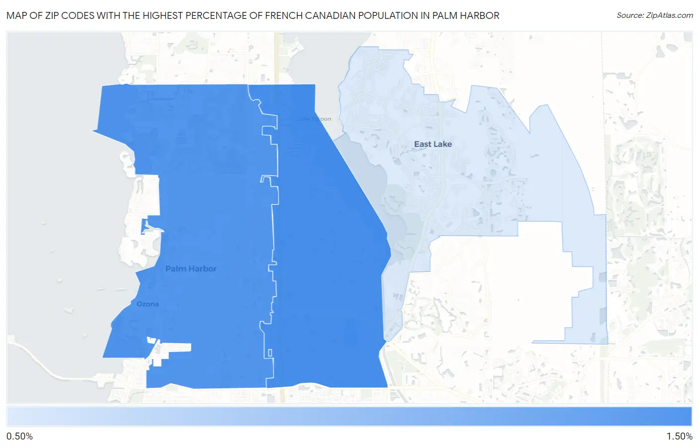 Zip Codes with the Highest Percentage of French Canadian Population in Palm Harbor Map