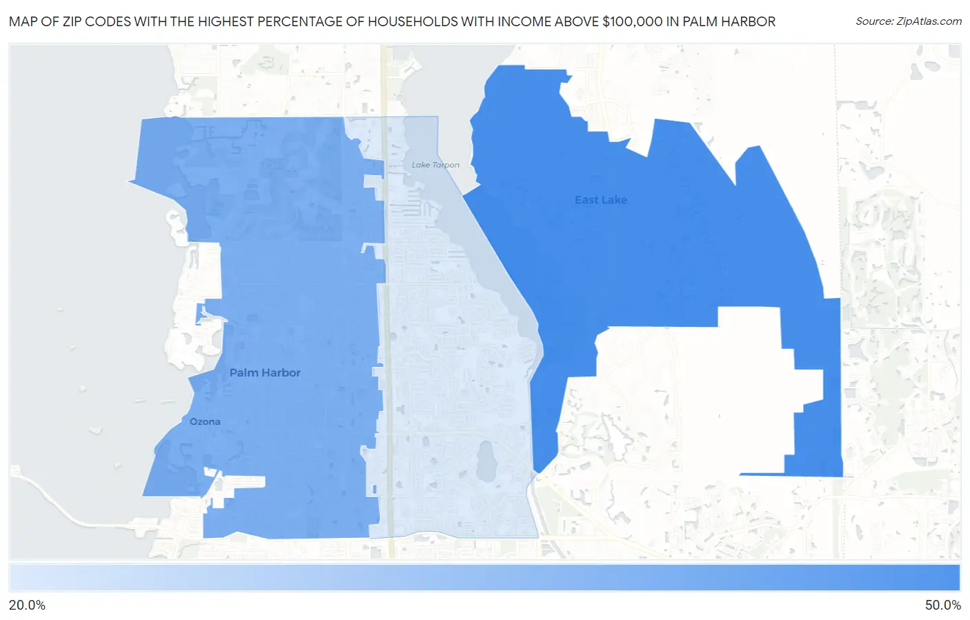 Zip Codes with the Highest Percentage of Households with Income Above $100,000 in Palm Harbor Map