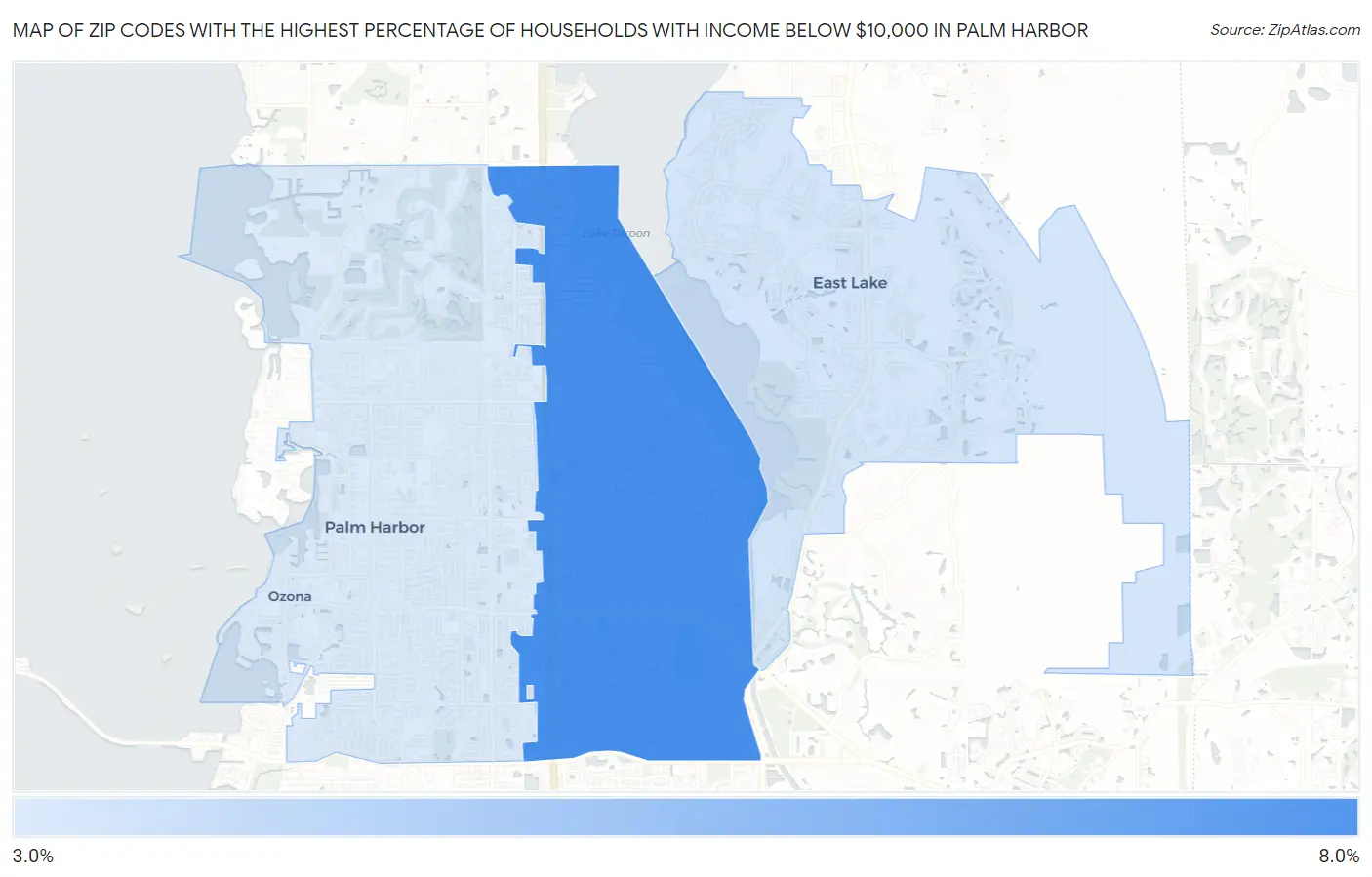 Zip Codes with the Highest Percentage of Households with Income Below $10,000 in Palm Harbor Map