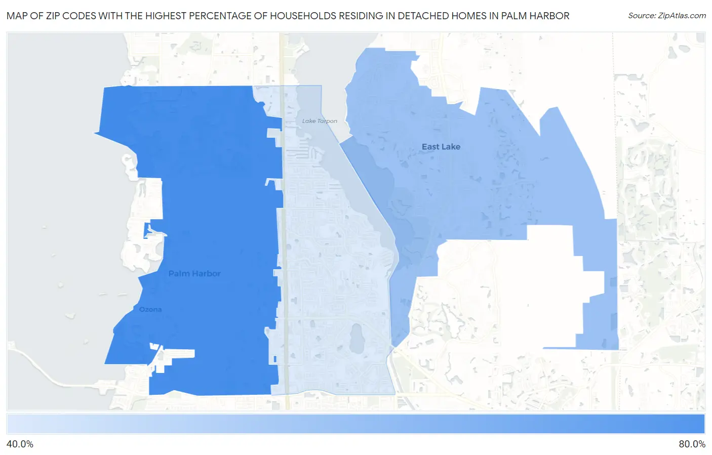 Zip Codes with the Highest Percentage of Households Residing in Detached Homes in Palm Harbor Map