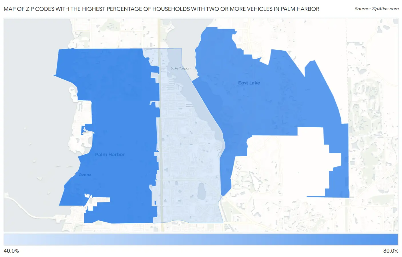 Zip Codes with the Highest Percentage of Households With Two or more Vehicles in Palm Harbor Map