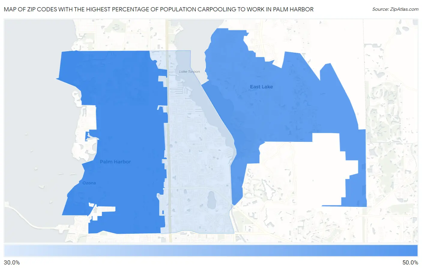 Zip Codes with the Highest Percentage of Population Carpooling to Work in Palm Harbor Map