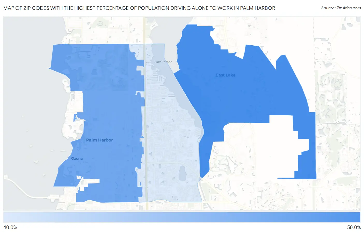 Zip Codes with the Highest Percentage of Population Driving Alone to Work in Palm Harbor Map