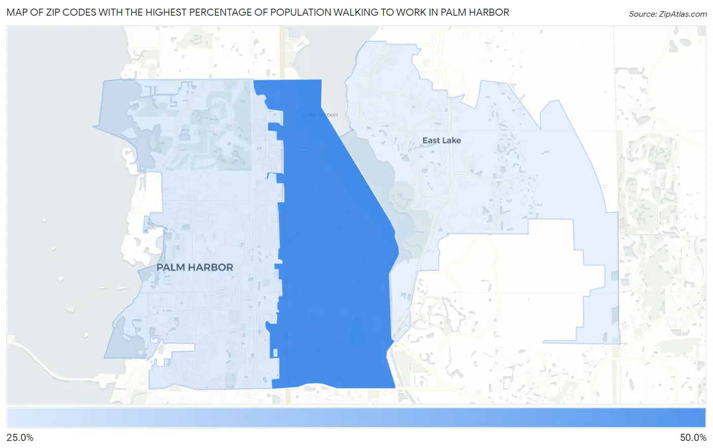 Zip Codes with the Highest Percentage of Population Walking to Work in Palm Harbor Map