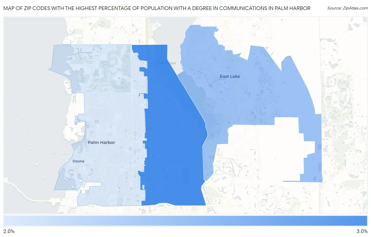 Zip Codes with the Highest Percentage of Population with a Degree in Communications in Palm Harbor Map