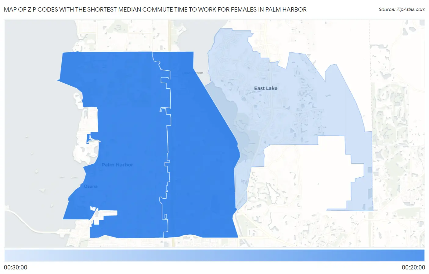 Zip Codes with the Shortest Median Commute Time to Work for Females in Palm Harbor Map