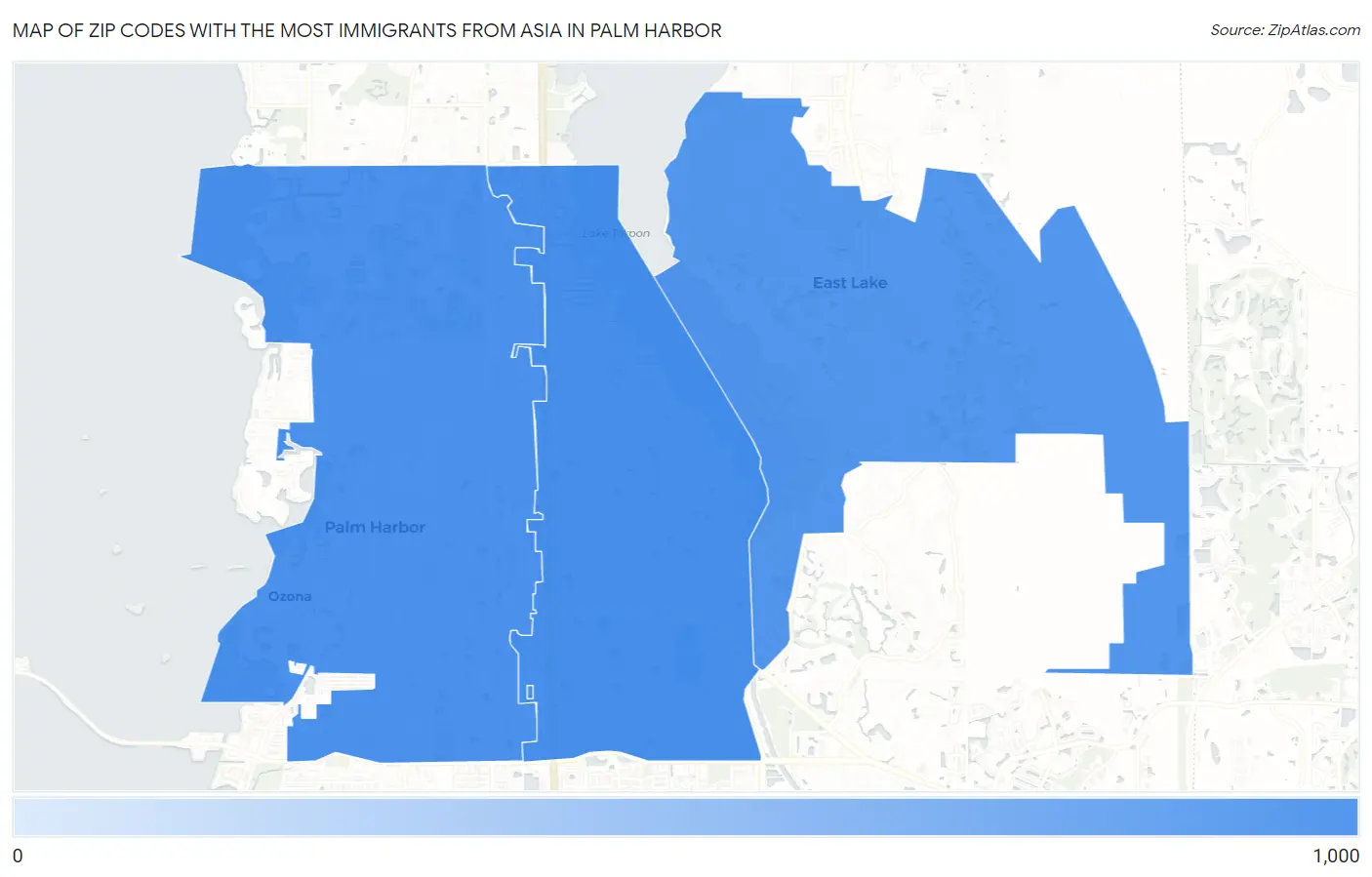 Zip Codes with the Most Immigrants from Asia in Palm Harbor Map