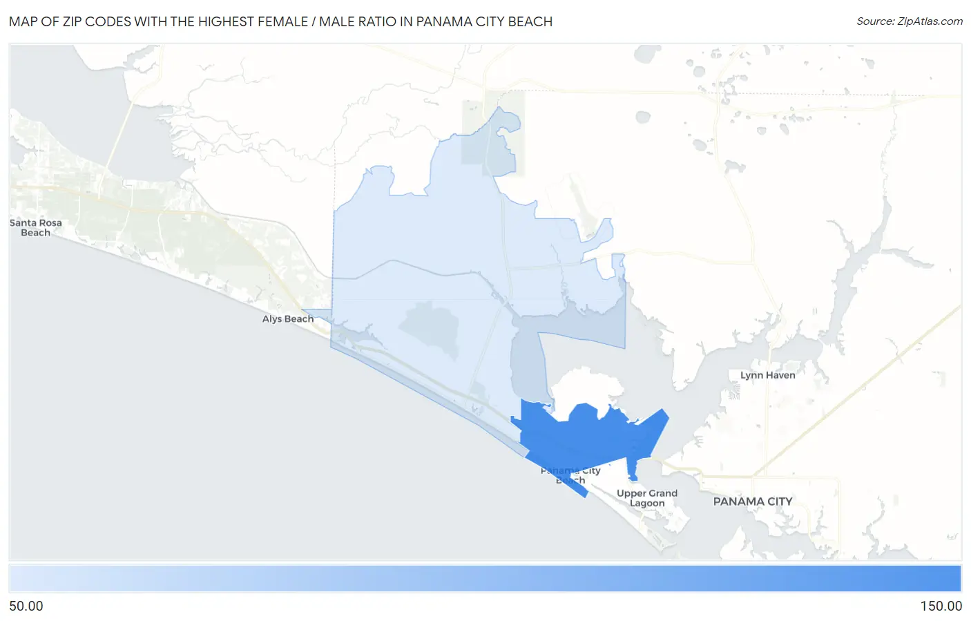 Zip Codes with the Highest Female / Male Ratio in Panama City Beach Map