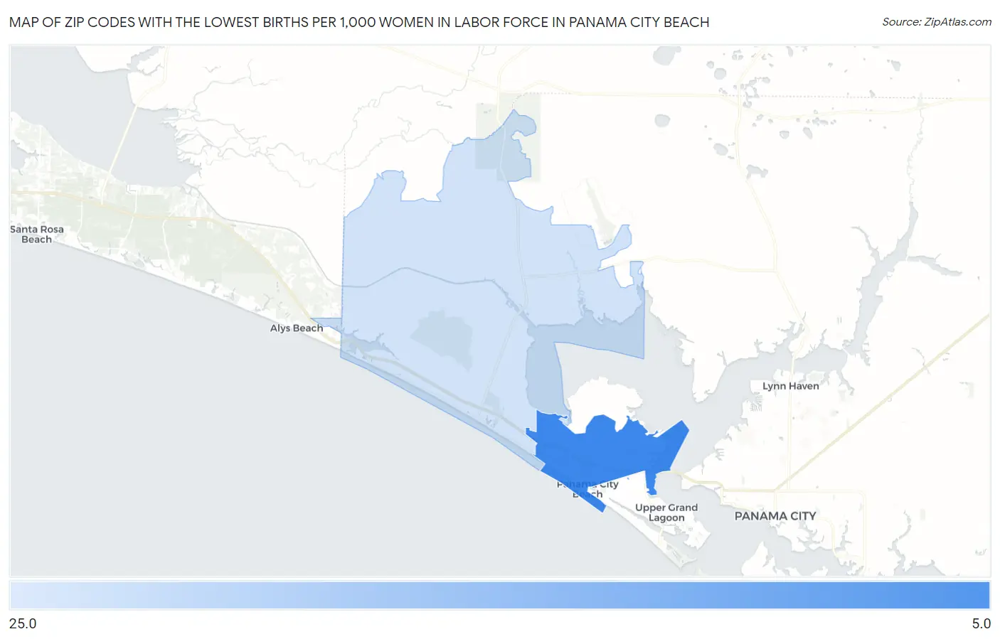 Zip Codes with the Lowest Births per 1,000 Women in Labor Force in Panama City Beach Map