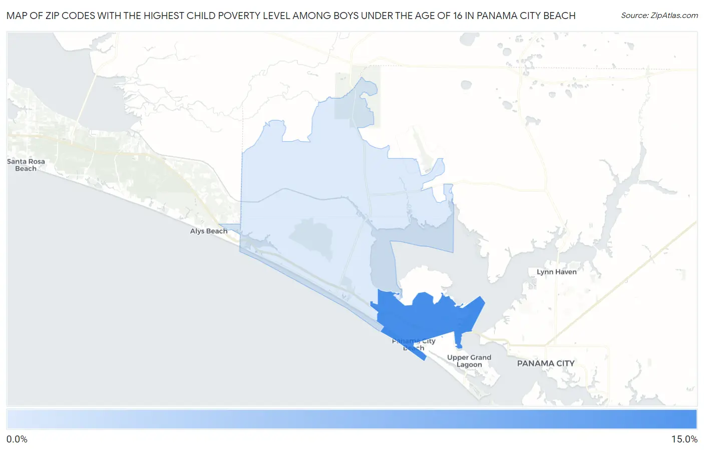 Zip Codes with the Highest Child Poverty Level Among Boys Under the Age of 16 in Panama City Beach Map