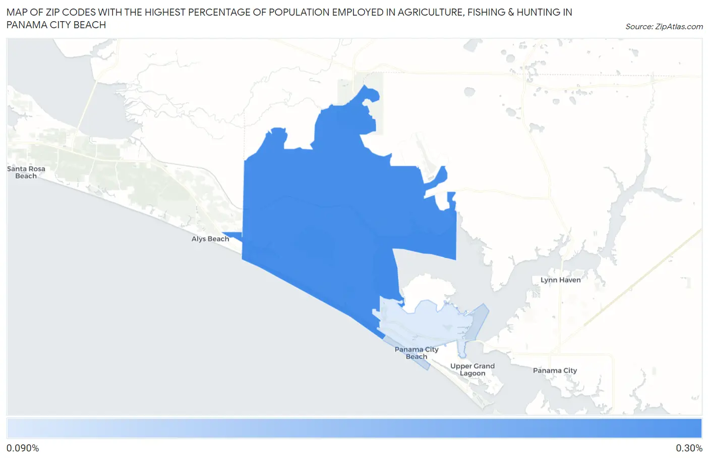 Zip Codes with the Highest Percentage of Population Employed in Agriculture, Fishing & Hunting in Panama City Beach Map