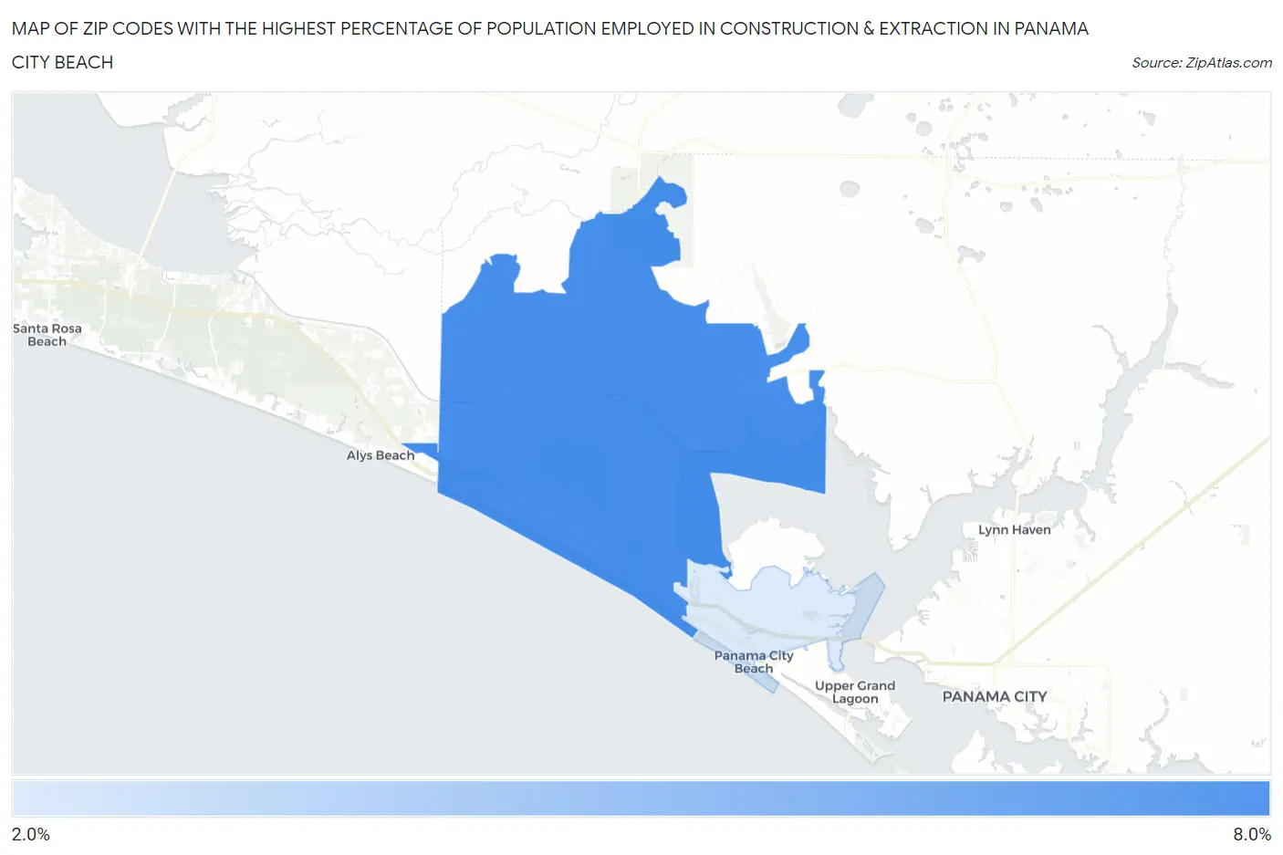 Zip Codes with the Highest Percentage of Population Employed in Construction & Extraction in Panama City Beach Map