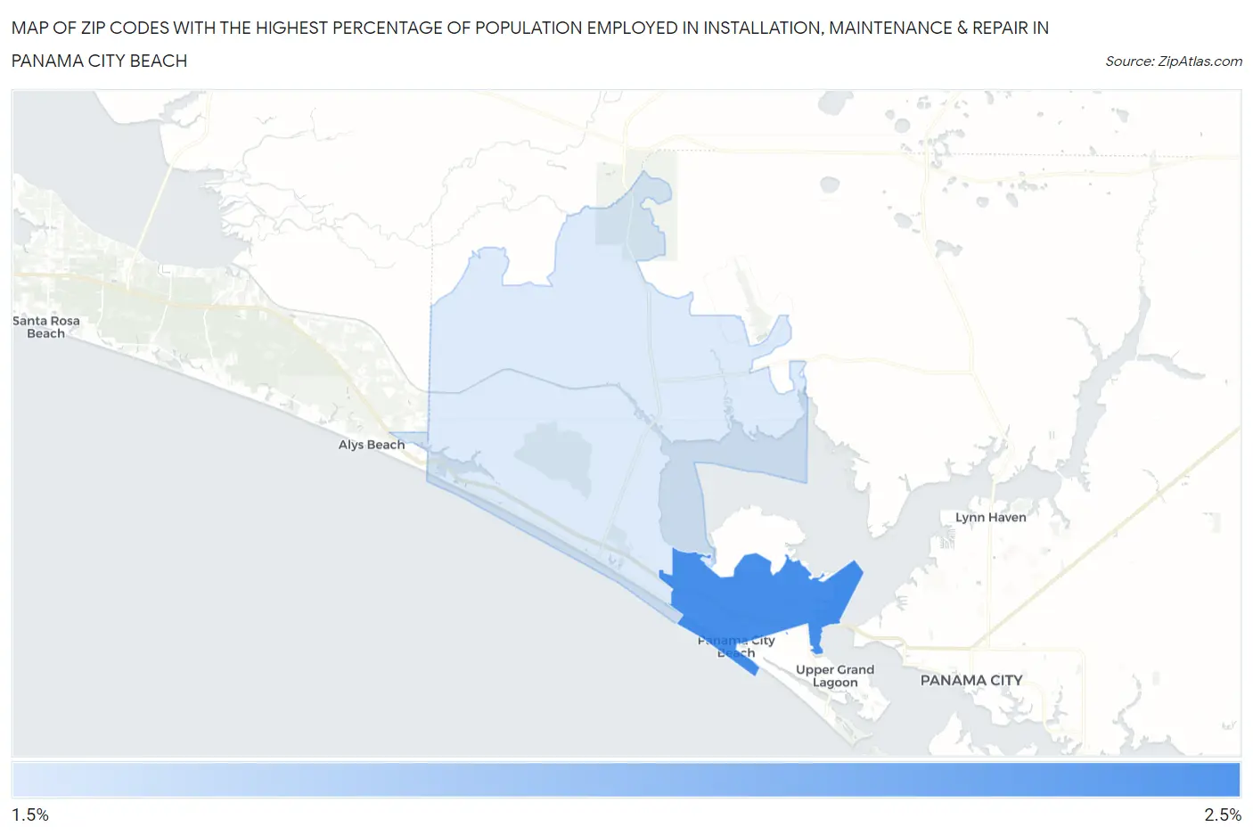 Zip Codes with the Highest Percentage of Population Employed in Installation, Maintenance & Repair in Panama City Beach Map