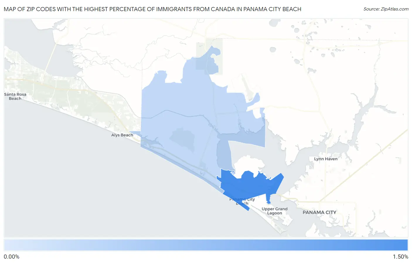 Zip Codes with the Highest Percentage of Immigrants from Canada in Panama City Beach Map