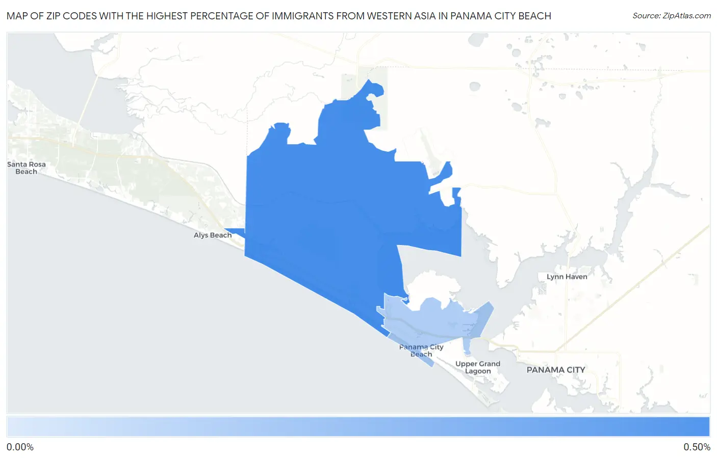 Zip Codes with the Highest Percentage of Immigrants from Western Asia in Panama City Beach Map