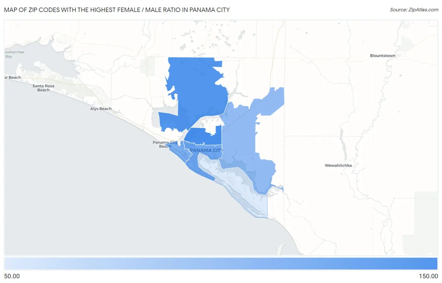 Zip Codes with the Highest Female / Male Ratio in Panama City Map
