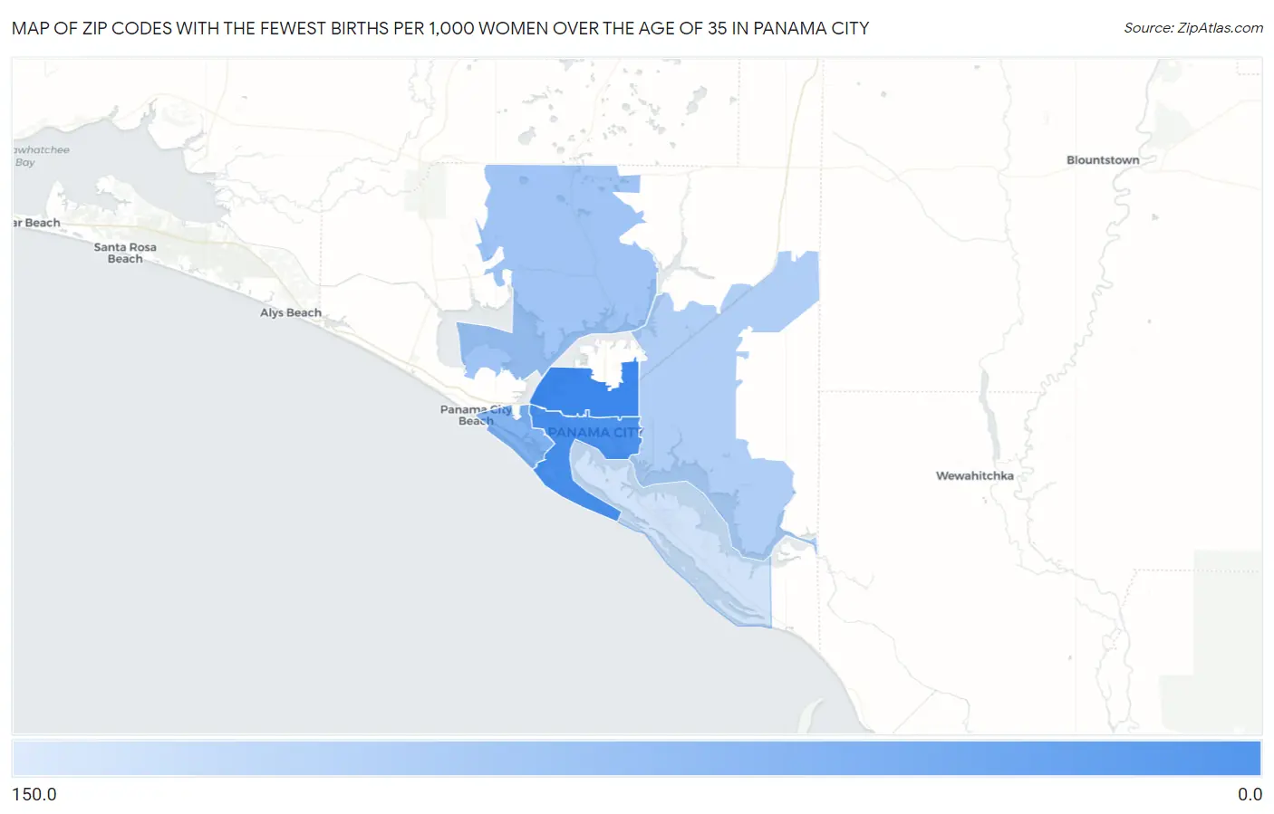 Zip Codes with the Fewest Births per 1,000 Women Over the Age of 35 in Panama City Map