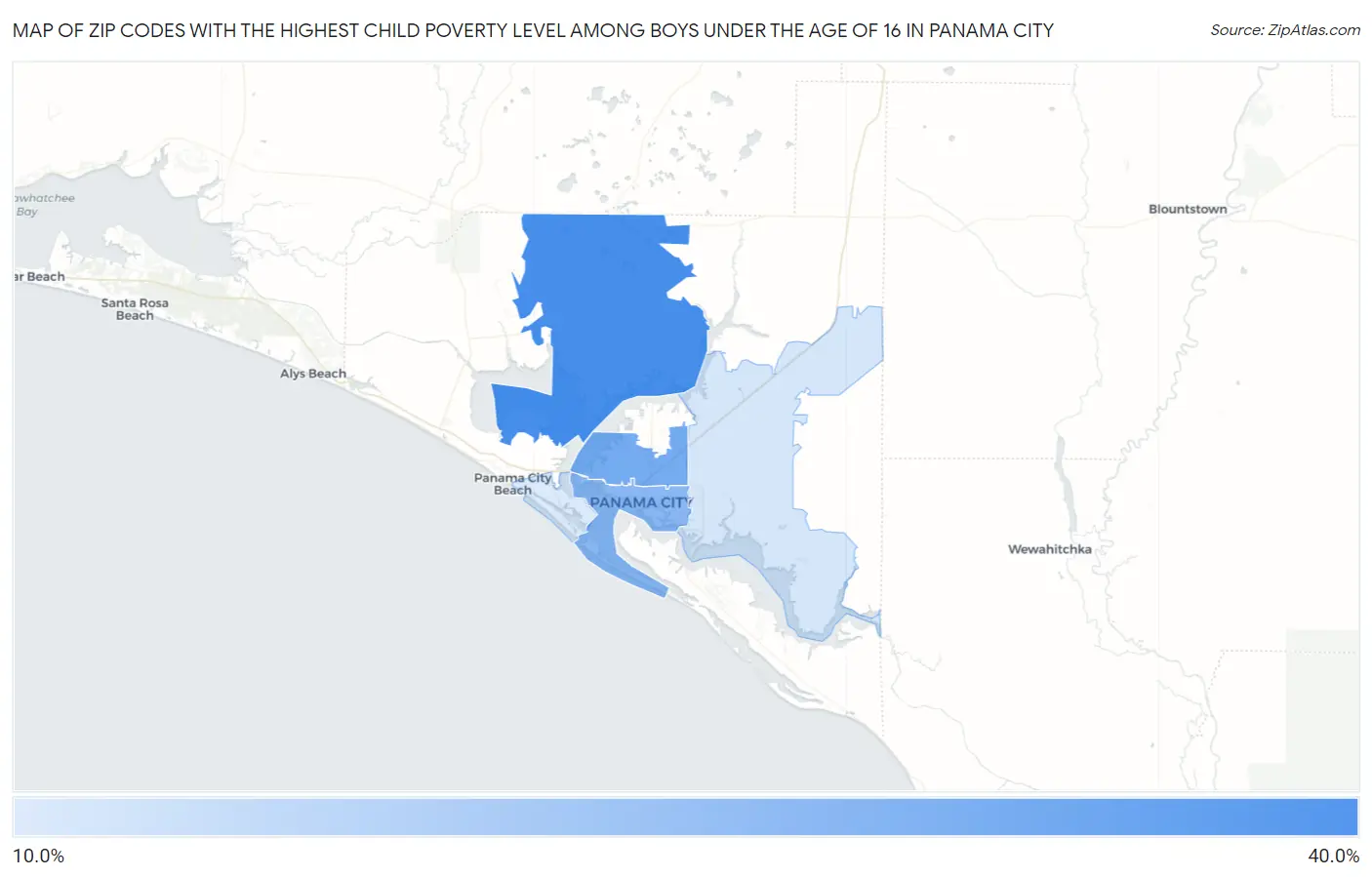 Zip Codes with the Highest Child Poverty Level Among Boys Under the Age of 16 in Panama City Map