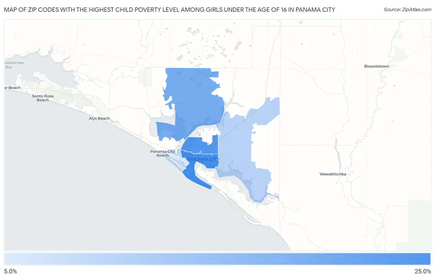 Zip Codes with the Highest Child Poverty Level Among Girls Under the Age of 16 in Panama City Map