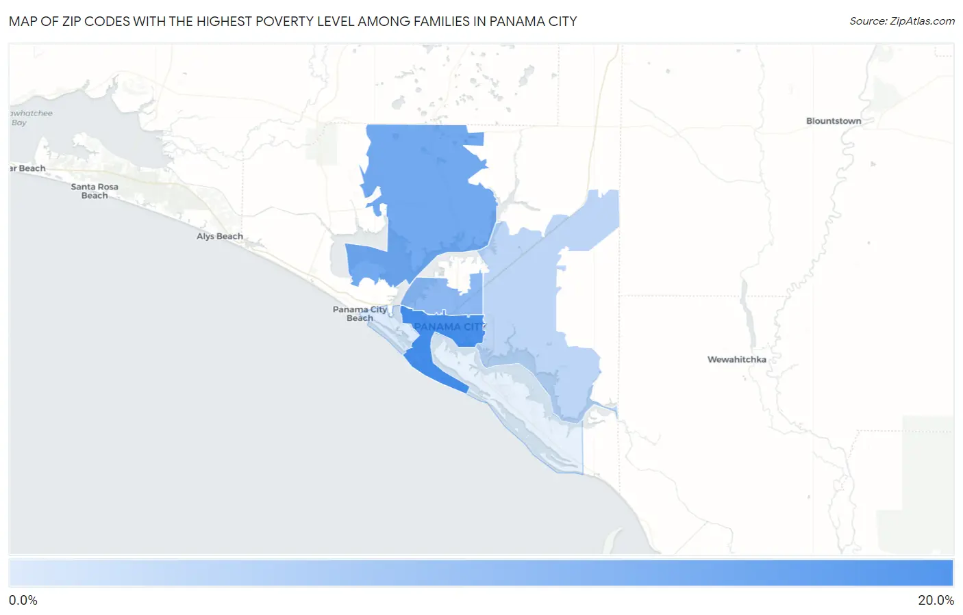 Zip Codes with the Highest Poverty Level Among Families in Panama City Map