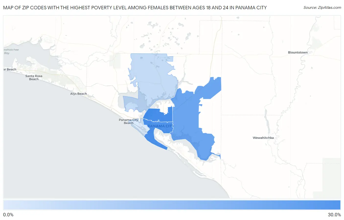 Zip Codes with the Highest Poverty Level Among Females Between Ages 18 and 24 in Panama City Map