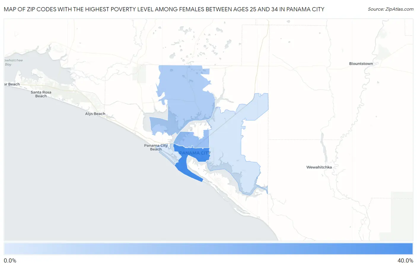 Zip Codes with the Highest Poverty Level Among Females Between Ages 25 and 34 in Panama City Map