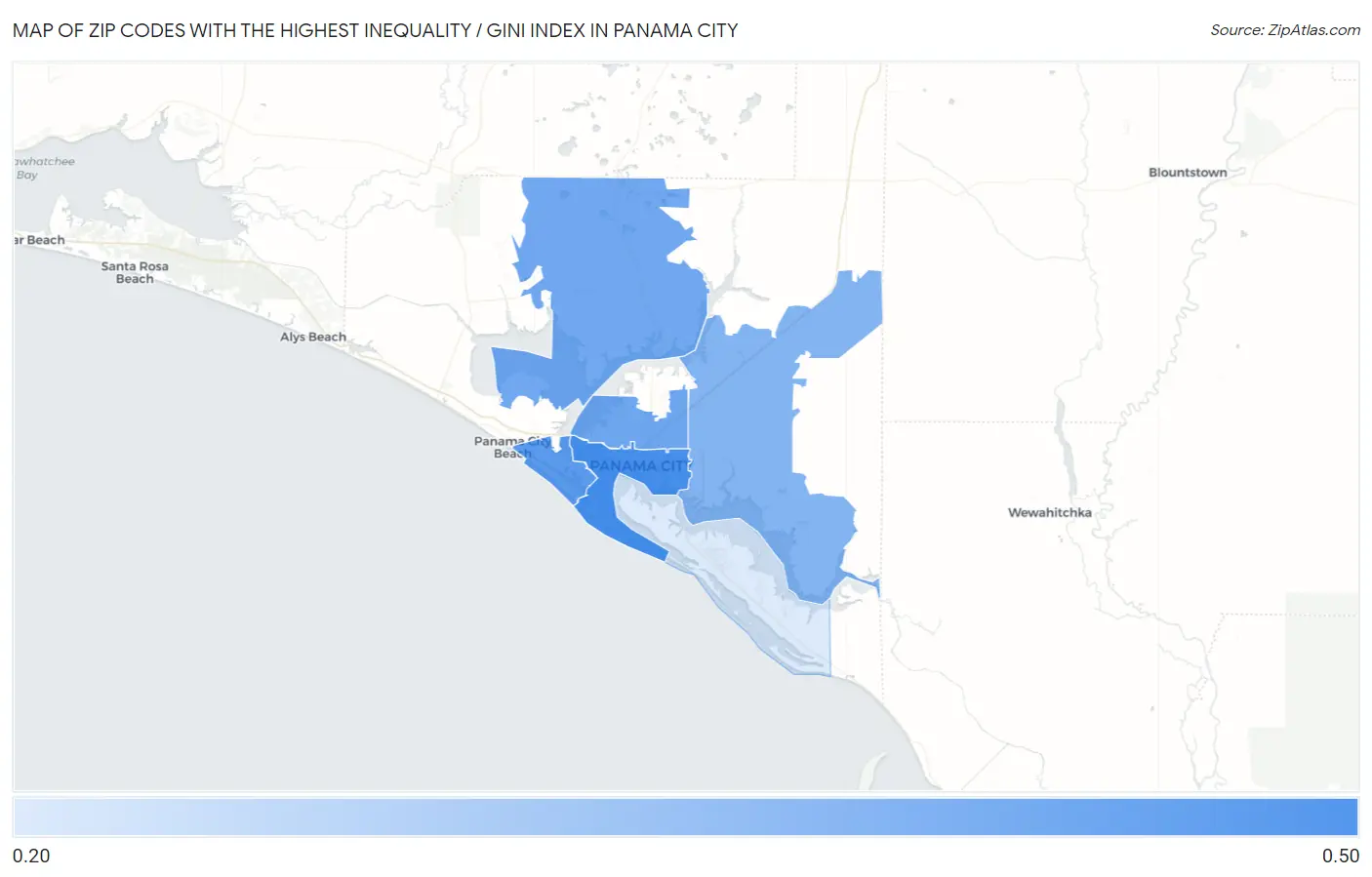 Zip Codes with the Highest Inequality / Gini Index in Panama City Map