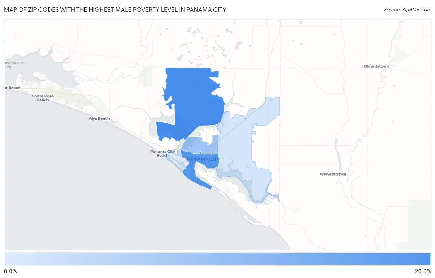 Zip Codes with the Highest Male Poverty Level in Panama City Map