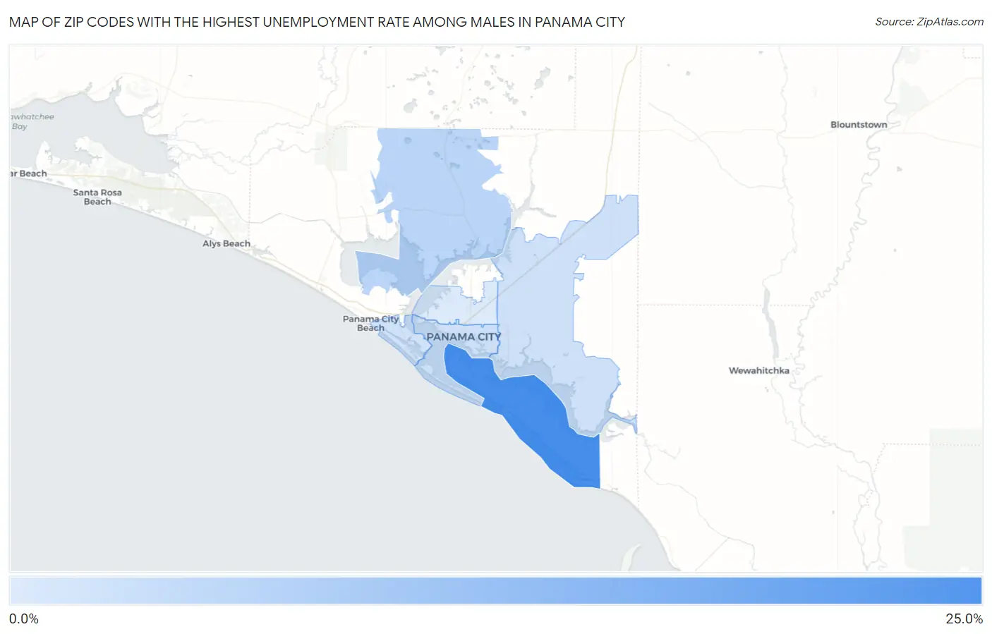 Zip Codes with the Highest Unemployment Rate Among Males in Panama City Map
