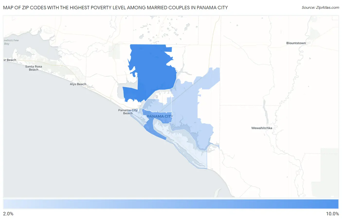 Zip Codes with the Highest Poverty Level Among Married Couples in Panama City Map