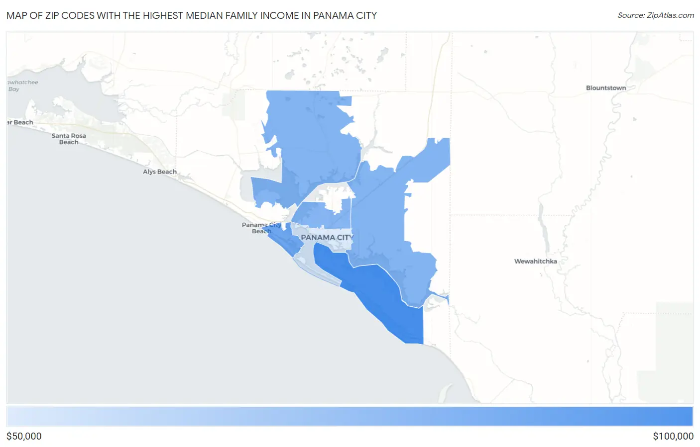 Zip Codes with the Highest Median Family Income in Panama City Map