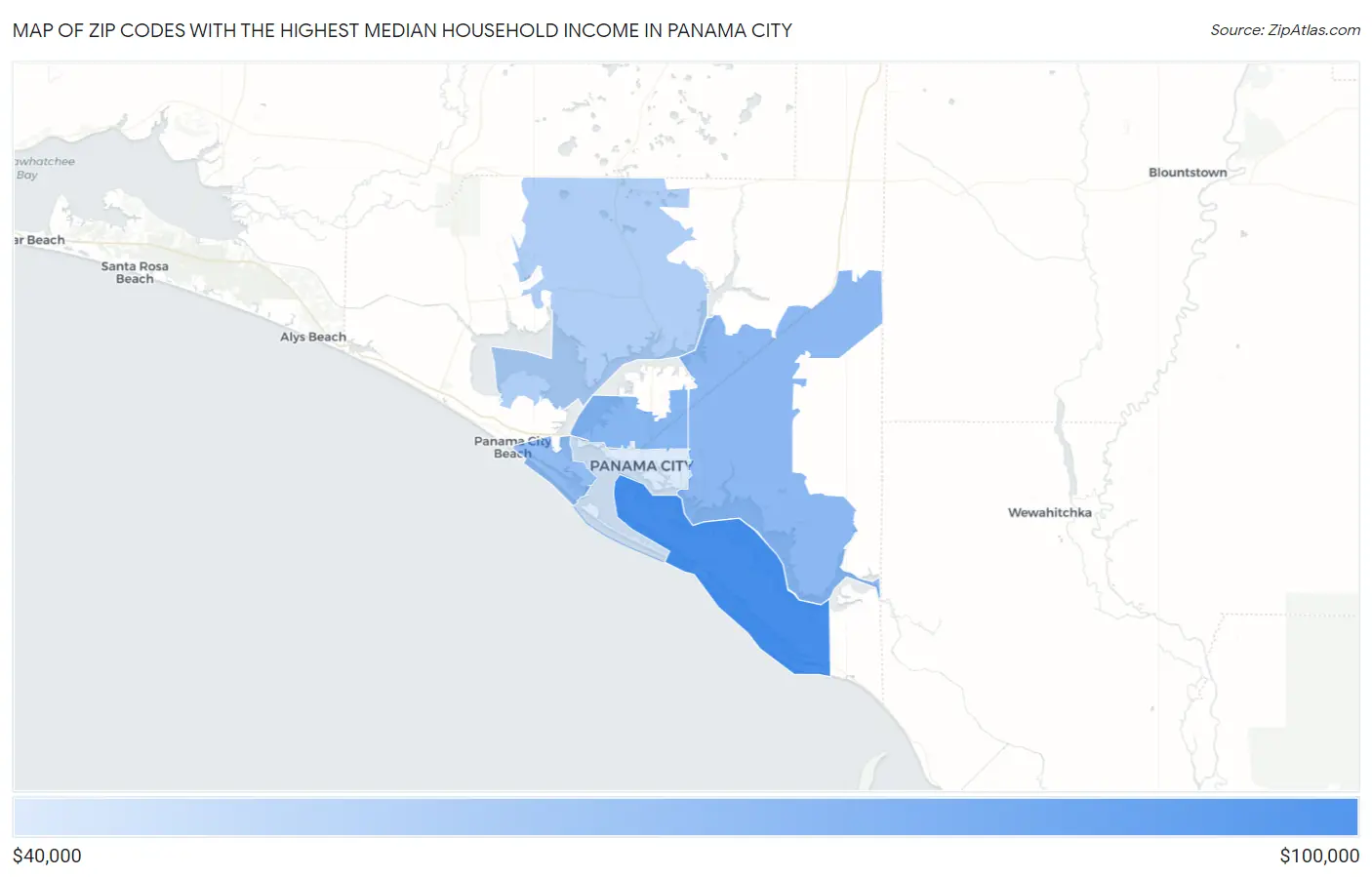 Zip Codes with the Highest Median Household Income in Panama City Map