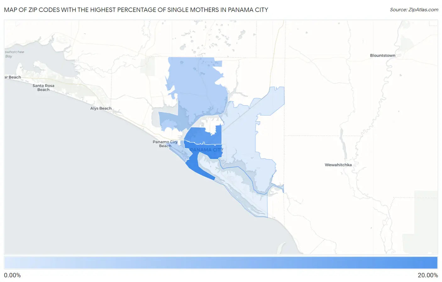 Zip Codes with the Highest Percentage of Single Mothers in Panama City Map
