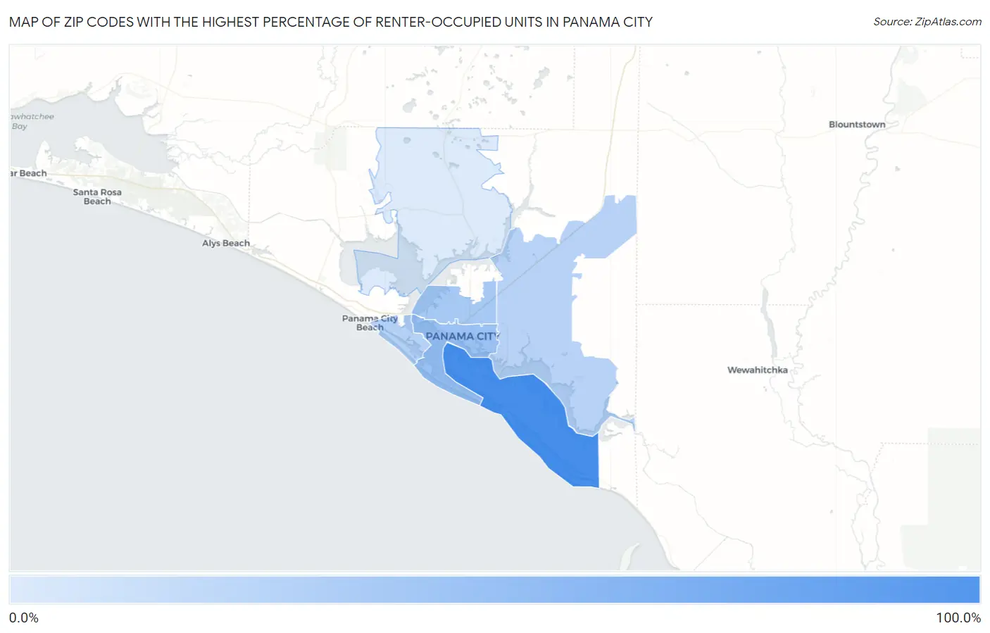 Zip Codes with the Highest Percentage of Renter-Occupied Units in Panama City Map