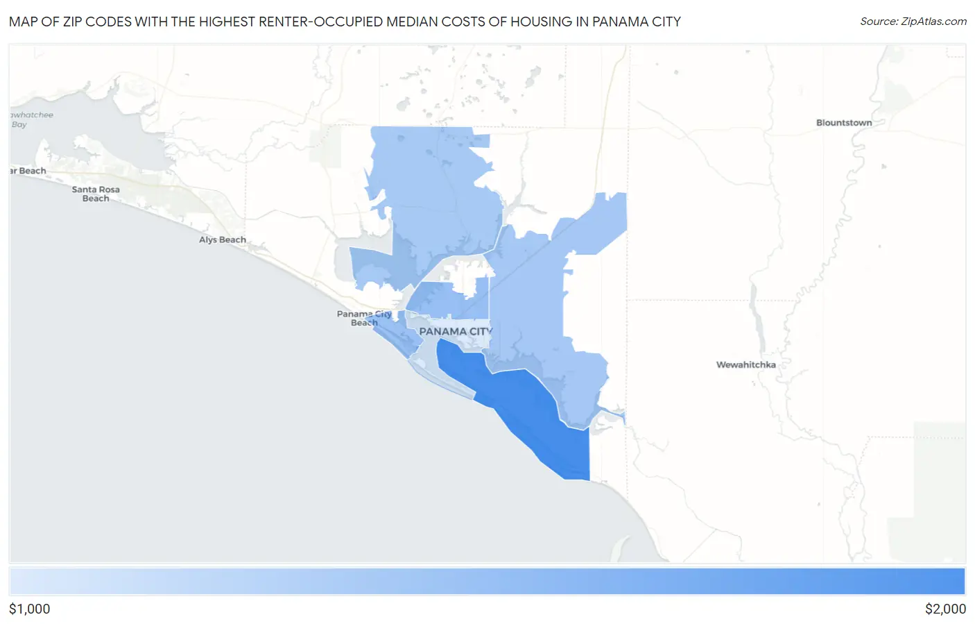 Zip Codes with the Highest Renter-Occupied Median Costs of Housing in Panama City Map
