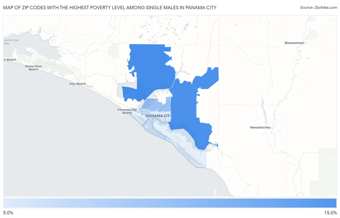 Zip Codes with the Highest Poverty Level Among Single Males in Panama City Map