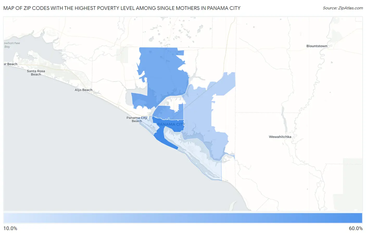 Zip Codes with the Highest Poverty Level Among Single Mothers in Panama City Map