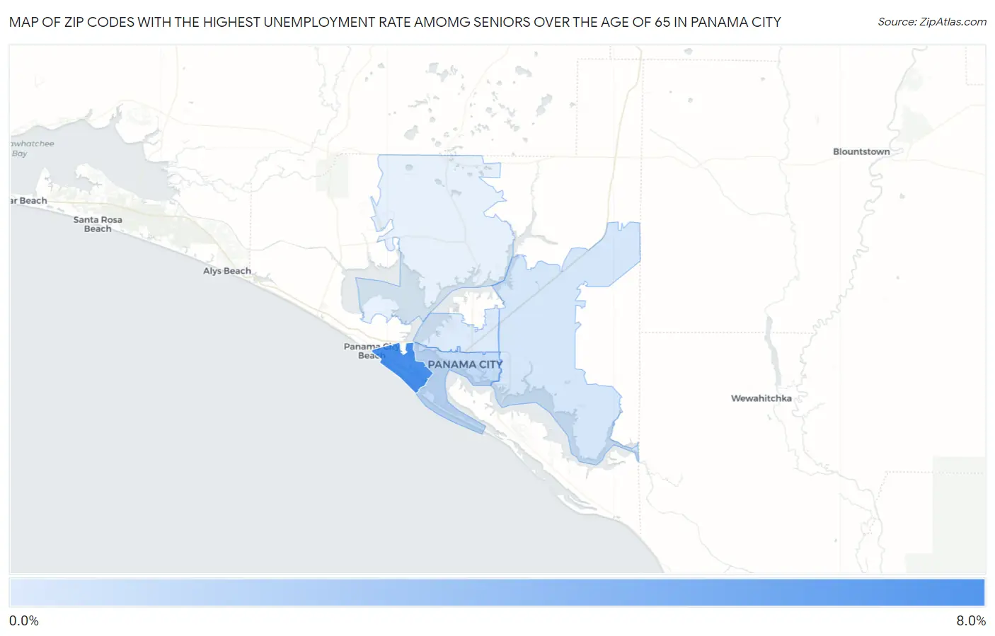 Zip Codes with the Highest Unemployment Rate Amomg Seniors Over the Age of 65 in Panama City Map