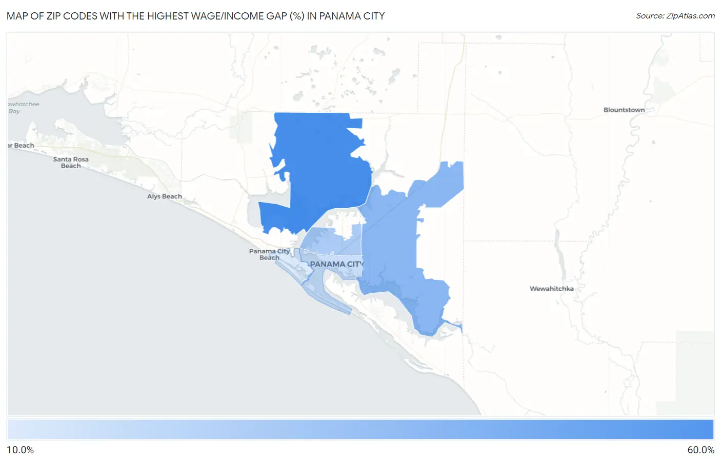 Zip Codes with the Highest Wage/Income Gap (%) in Panama City Map