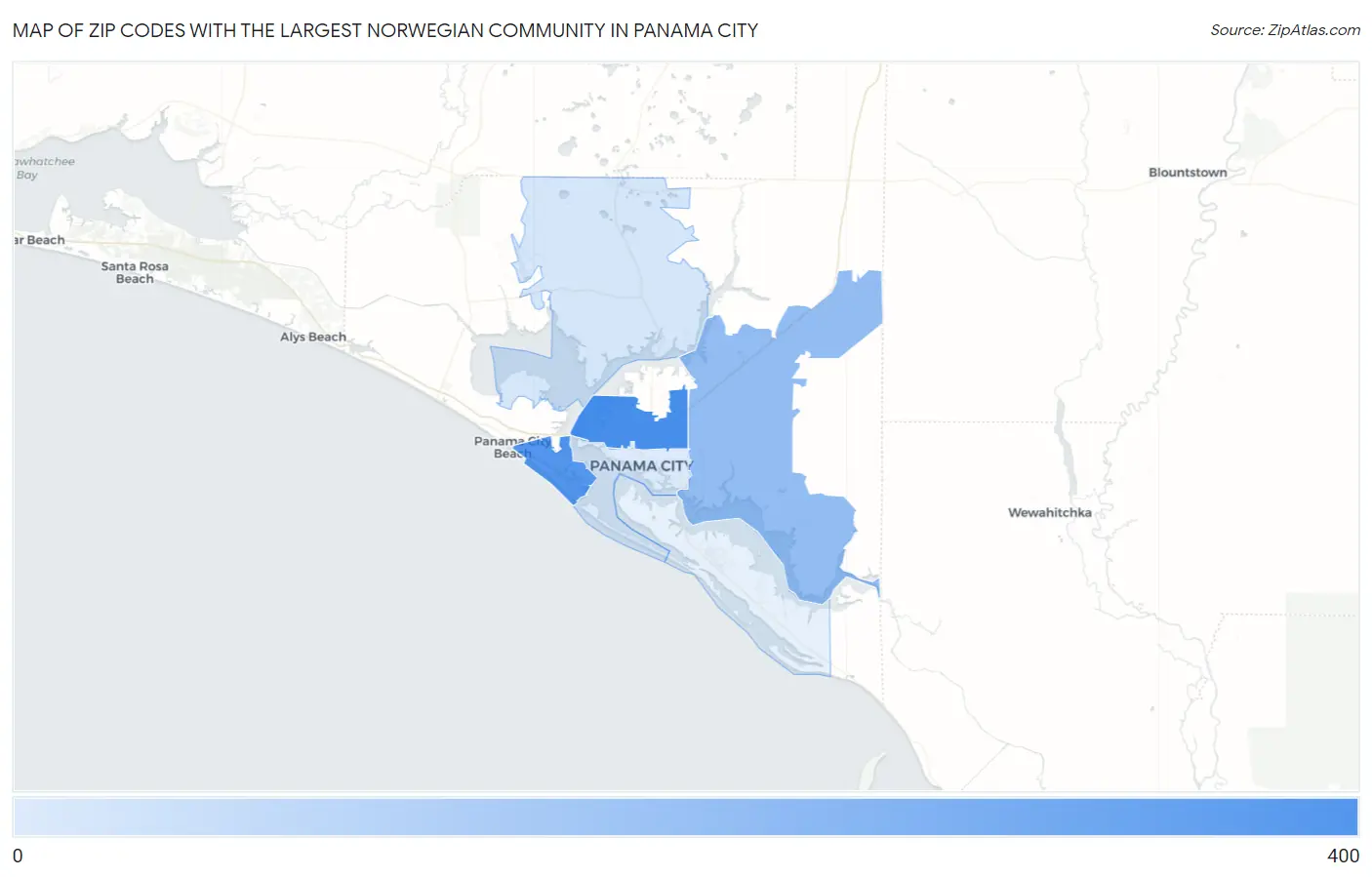 Zip Codes with the Largest Norwegian Community in Panama City Map