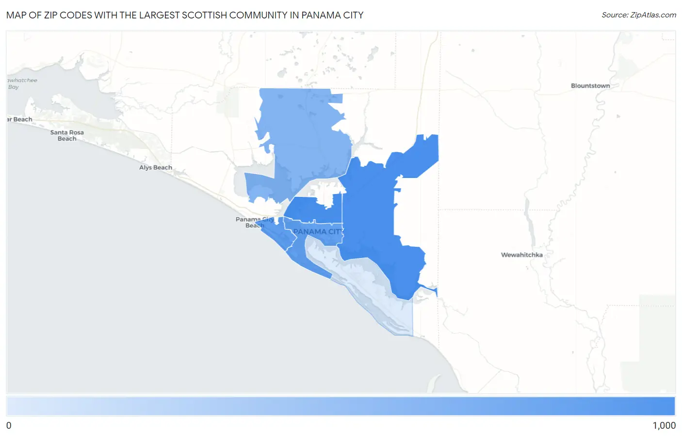 Zip Codes with the Largest Scottish Community in Panama City Map