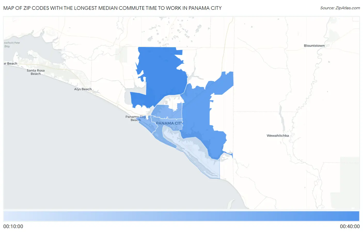Zip Codes with the Longest Median Commute Time to Work in Panama City Map