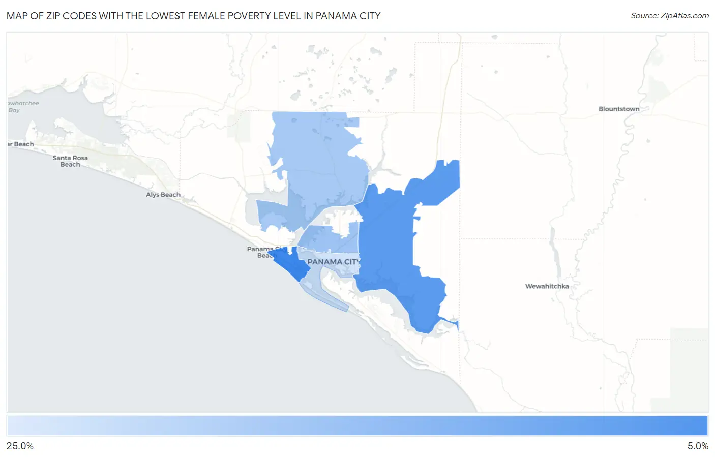Zip Codes with the Lowest Female Poverty Level in Panama City Map