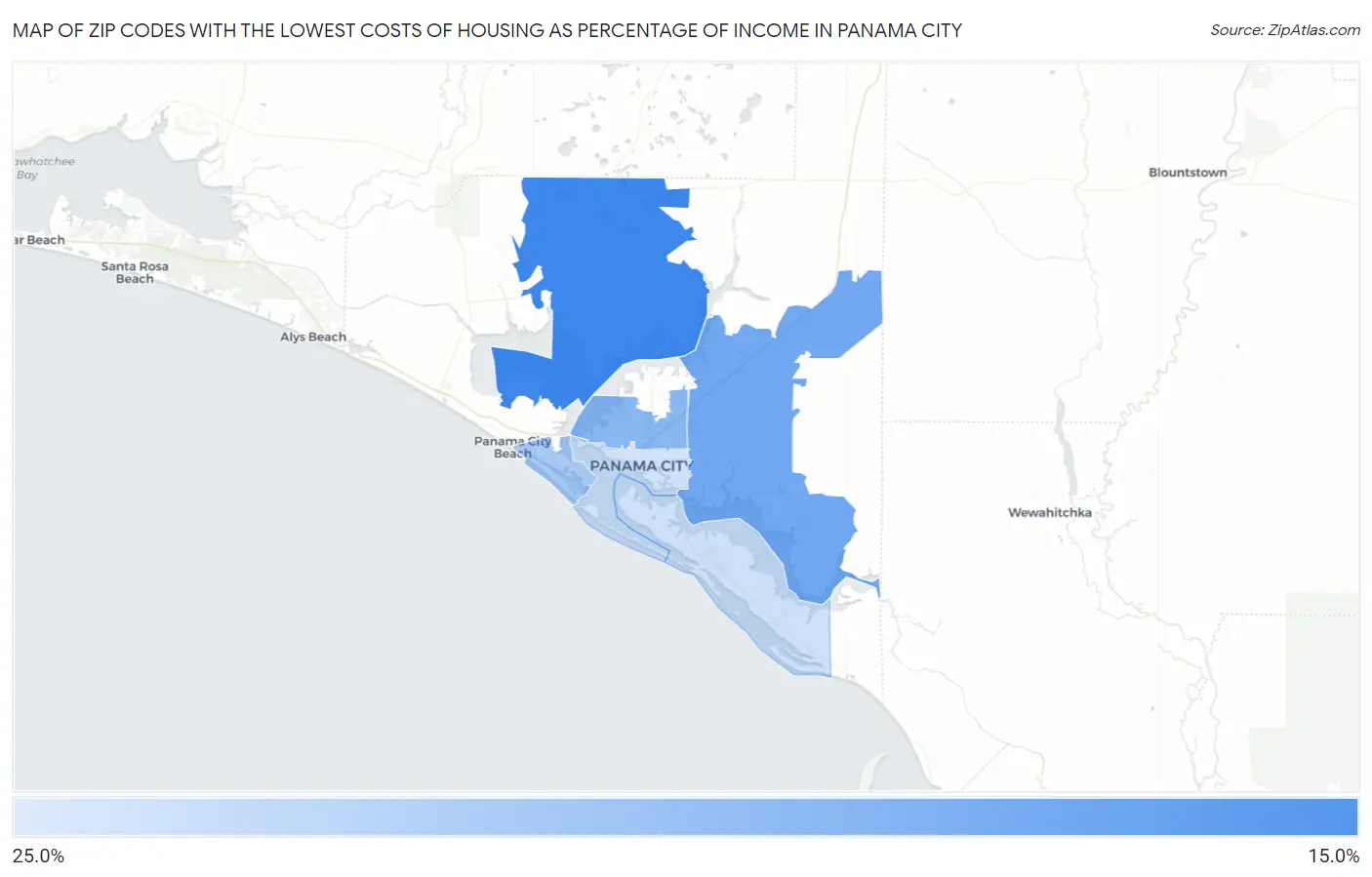 Zip Codes with the Lowest Costs of Housing as Percentage of Income in Panama City Map