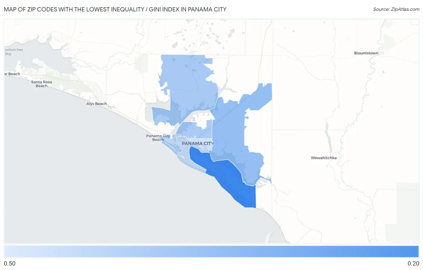 Zip Codes with the Lowest Inequality / Gini Index in Panama City Map