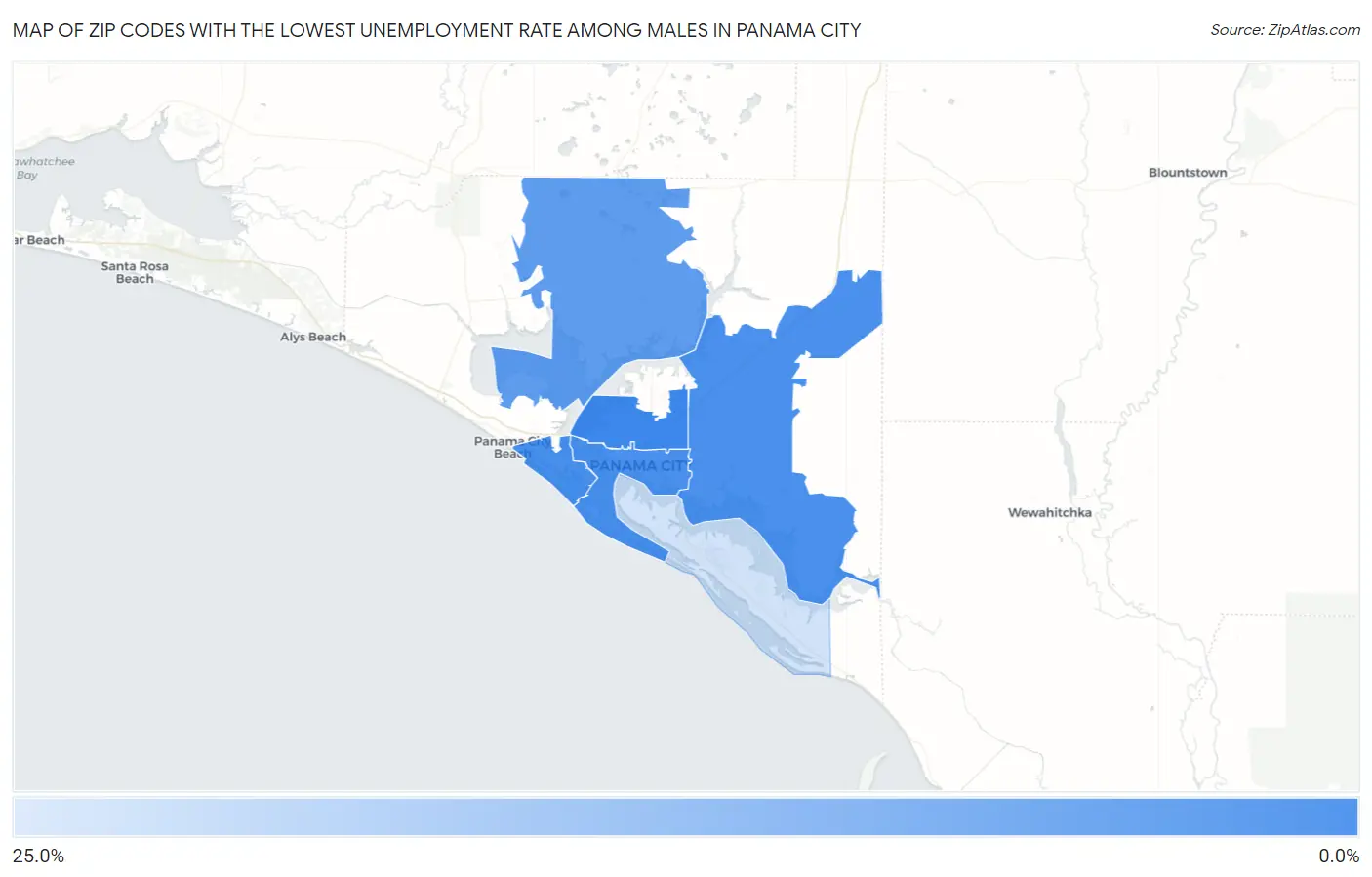 Zip Codes with the Lowest Unemployment Rate Among Males in Panama City Map